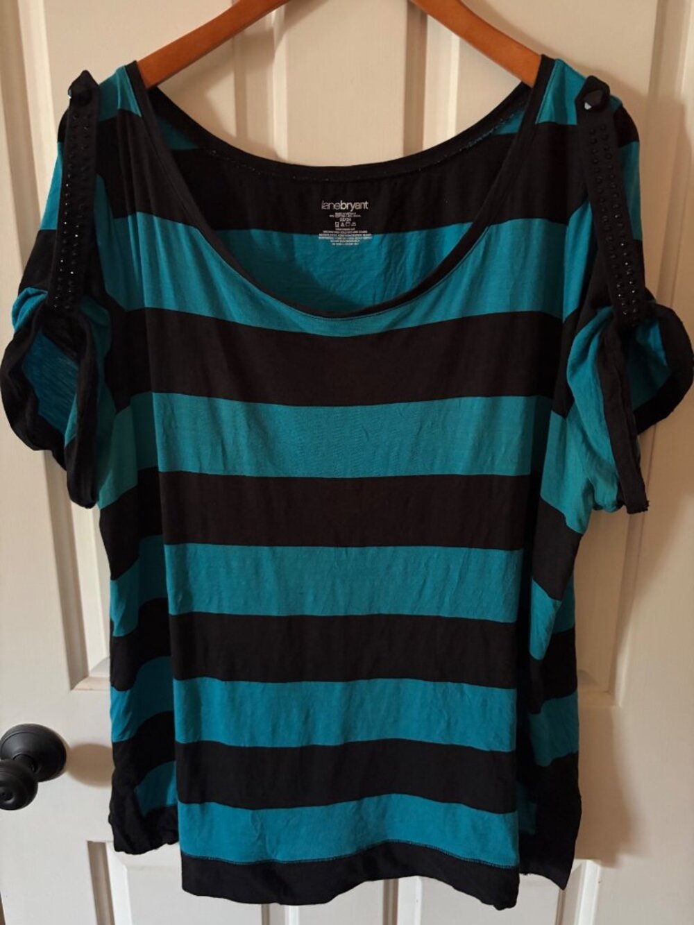 Lane Bryant Blue & Black Striped Top Size 2/24  Embellished Short Sleeve Shirt